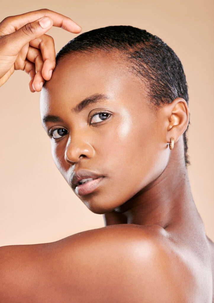 Wellness, beauty and portrait of black woman in studio to promote luxury treatment, cosmetics and m